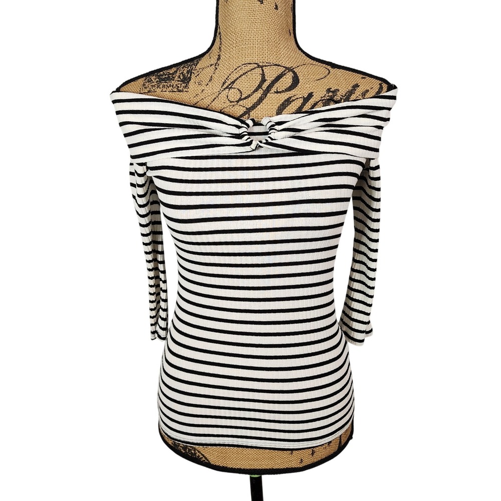 TRINA TURK Size XS Striped Ribbed Knit Casual Off Shoulder Retro Pin Up Girl Top